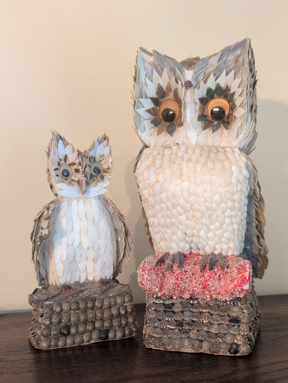 Incredible Pair Of Shell Art Feather Vintage Owls Unique